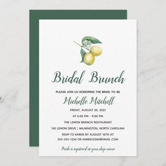 Waterverf Lemon Tree Branch | Bridal Brunch Kaart (Voorkant / Achterkant)