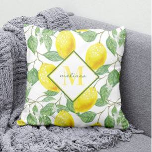 Waterverf Lemon Tree Pattern Naam en Monogram Kussen