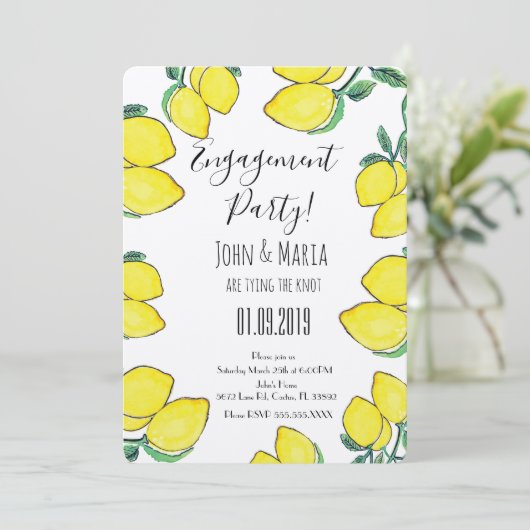 Waterverf Lemon Vine Border Engagement Party Kaart (Staand voorkant)