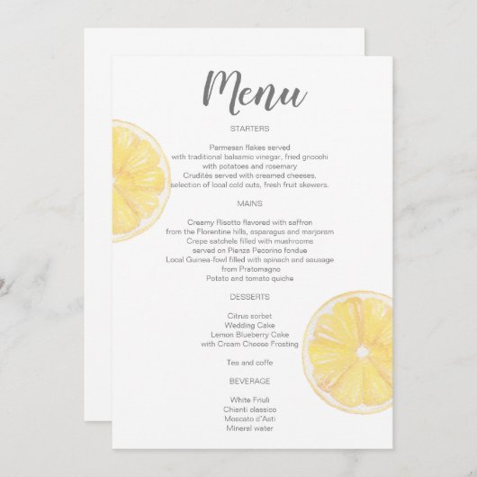 Waterverf Lemon Wedding Menu (Voorkant / Achterkant)