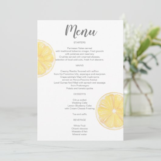 Waterverf Lemon Wedding Menu (Staand voorkant)