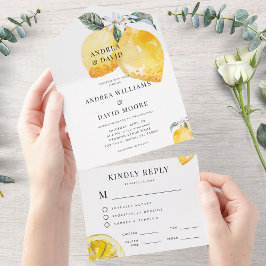Waterverf Lemon White Floral Citrus Wedding All In One Uitnodiging