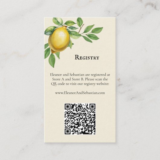 Waterverf Lemon Yellow Wedding Registry QR-code Informatiekaartje (Voorkant)
