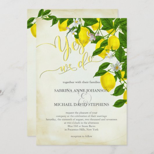 Waterverf Lemons Blossom en Greenery Wedding Kaart (Voorkant / Achterkant)