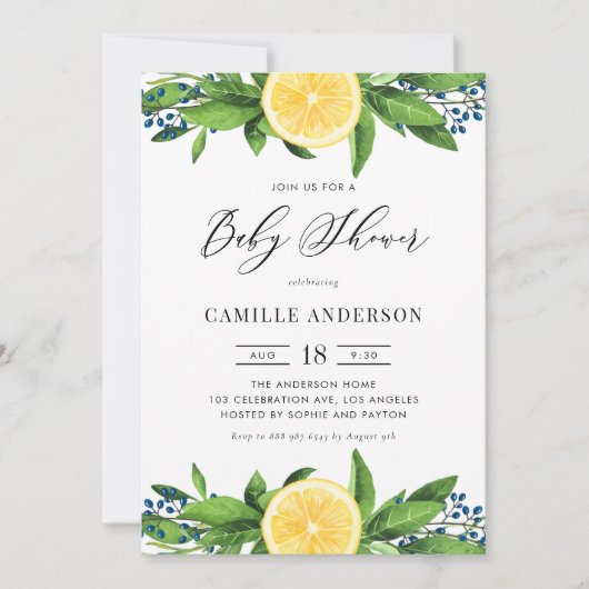 Waterverf Lemons Blue Berries Summer Baby shower Kaart (Voorkant)