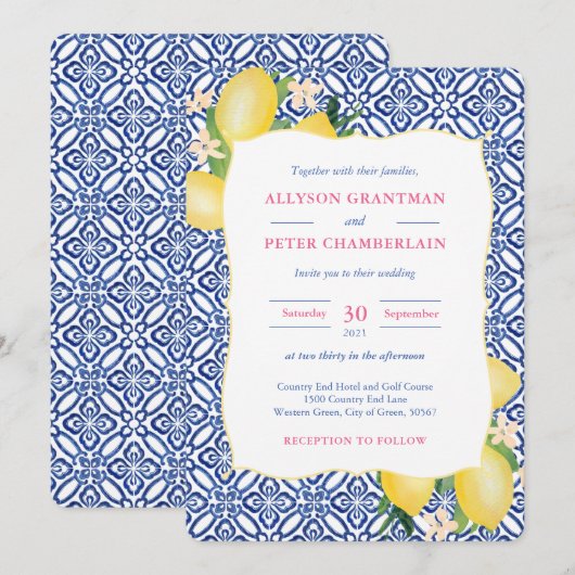 Waterverf Lemons Blue Tegels Amalfi Wedding Kaart (Voorkant / Achterkant)