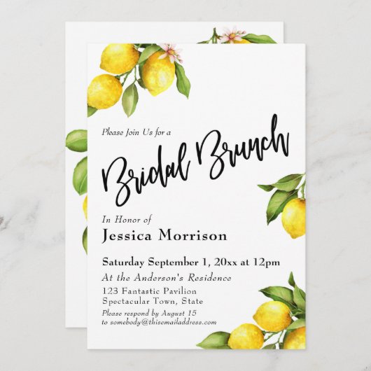 Waterverf Lemons Bridal Brunch Typografie Kaart (Voorkant / Achterkant)