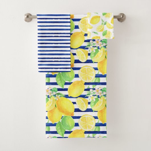 Waterverf Lemons en Blue Stripes Bathroom Bad Handdoek (Insitu)