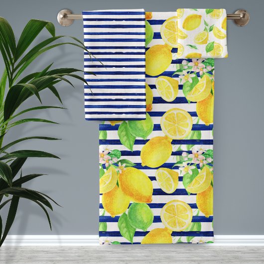 Waterverf Lemons en Blue Stripes Bathroom Bad Handdoek