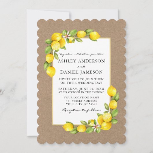 Waterverf Lemons en Greenery Wedding Kraft Kaart (Voorkant)