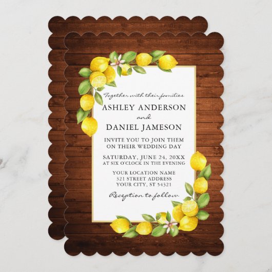 Waterverf Lemons en Greenery Wood Wedding Kaart (Voorkant / Achterkant)