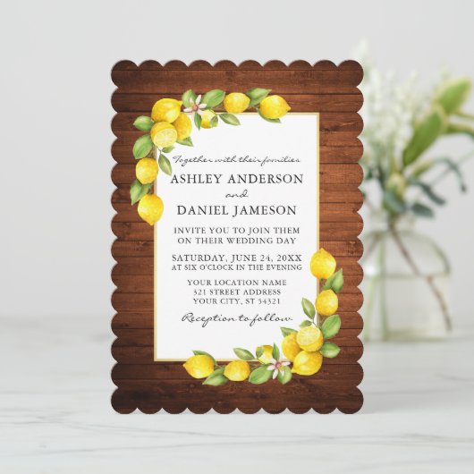 Waterverf Lemons en Greenery Wood Wedding Kaart (Staand voorkant)