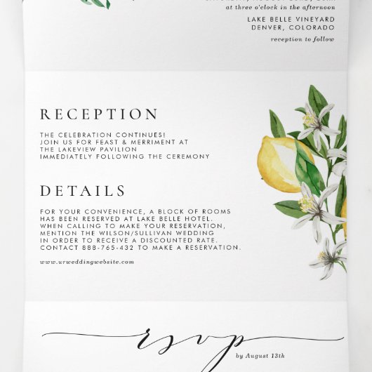 Waterverf Lemons en Lemon Blossom Wedding Drieluik Uitnodiging (Binnenkant midden)