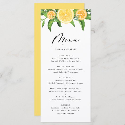 Waterverf Lemons en Sinaasappels Citrus Wedding Me Menu (Voorkant / Achterkant)
