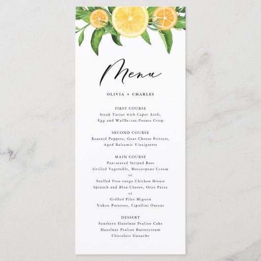 Waterverf Lemons en Sinaasappels Citrus Wedding Me Menu (Voorkant)