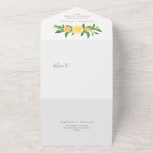 Waterverf Lemons en Sinaasappels Zomer Weddenschap All In One Uitnodiging (Buitenkant)