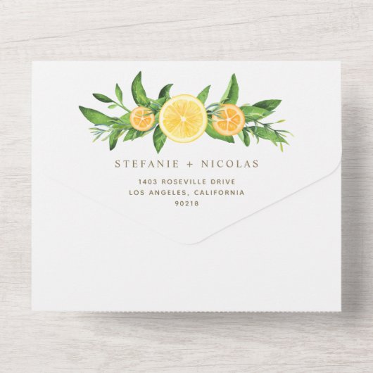 Waterverf Lemons en Sinaasappels Zomer Weddenschap All In One Uitnodiging (Achterkant)