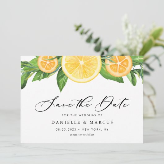 Waterverf Lemons en Sinaasappels Zomerbruiloft Save The Date (Staand voorkant)
