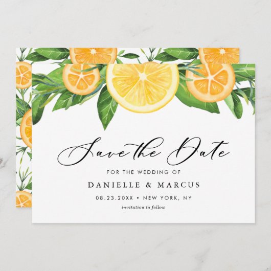 Waterverf Lemons en Sinaasappels Zomerbruiloft Save The Date (Voorkant / Achterkant)