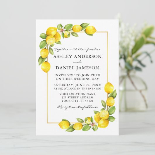 Waterverf Lemons Gold Lijst Greenery Wedding Kaart (Staand voorkant)