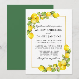 Waterverf Lemons Gold Lijst Greenery Wedding Kaart