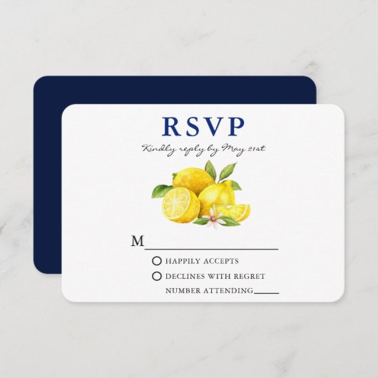Waterverf Lemons Greenery Blue Back RSVP Kaartje (Voorkant / Achterkant)