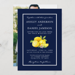 Waterverf Lemons Greenery Blue Wedding Foto Kaart