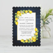 Waterverf Lemons Greenery Blue Wood Wedding Kaart (Staand voorkant)