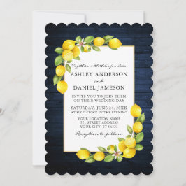 Waterverf Lemons Greenery Blue Wood Wedding Kaart