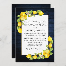 Waterverf Lemons Greenery Blue Wood Wedding Kaart