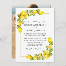 Waterverf Lemons Greenery Foto Gold Wedding Kaart