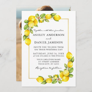 Waterverf Lemons Greenery Foto Gold Wedding Kaart