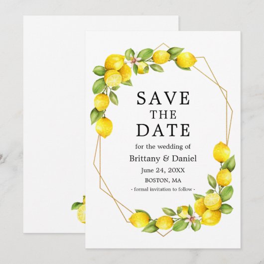 Waterverf Lemons Greenery Gold Geo Lijst Save The Date (Voorkant / Achterkant)