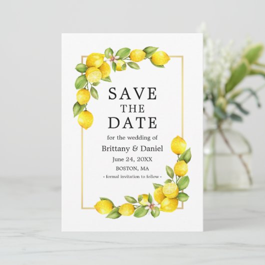 Waterverf Lemons Greenery Gold Lijst Green Save The Date (Staand voorkant)