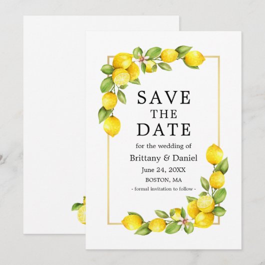 Waterverf Lemons Greenery Gold Lijst Save The Date (Voorkant / Achterkant)