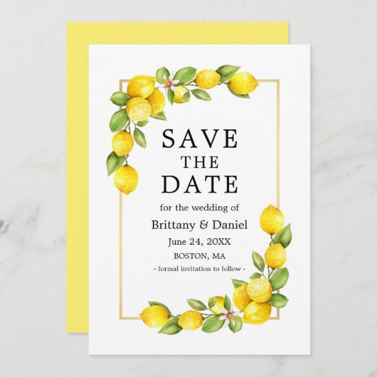 Waterverf Lemons Greenery Gold Lijst Yellow Save The Date (Voorkant / Achterkant)