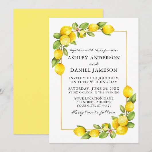 Waterverf Lemons Greenery Gold Yellow Wedding Kaart (Voorkant / Achterkant)