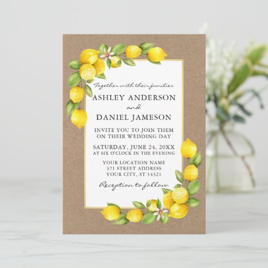 Waterverf Lemons Greenery Kraft Wedding Kaart (Staand voorkant)