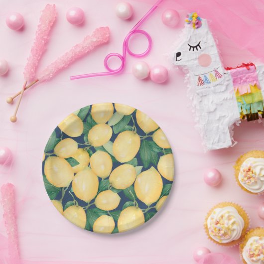 Waterverf Lemons Greenery over Navy Blue Papieren Bordje (Feest)