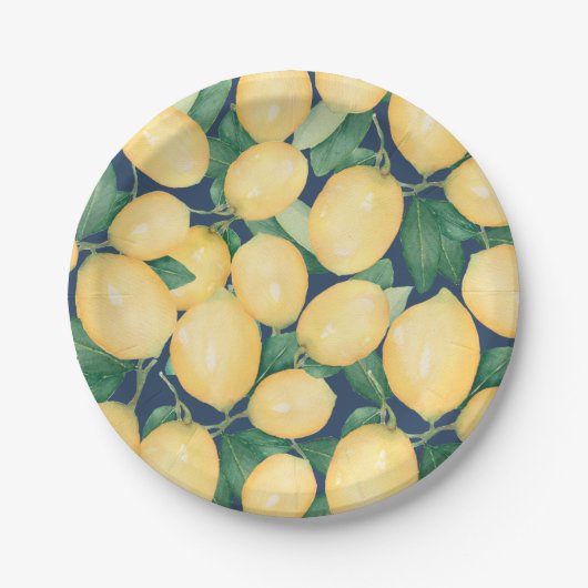 Waterverf Lemons Greenery over Navy Blue Papieren Bordje (Voorkant)