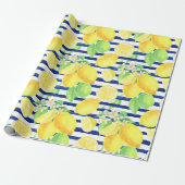  Waterverf Lemons op blauwe strepen Cadeaupapier (Uitgerold)