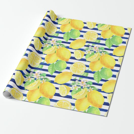  Waterverf Lemons op blauwe strepen Cadeaupapier (Uitgerold)