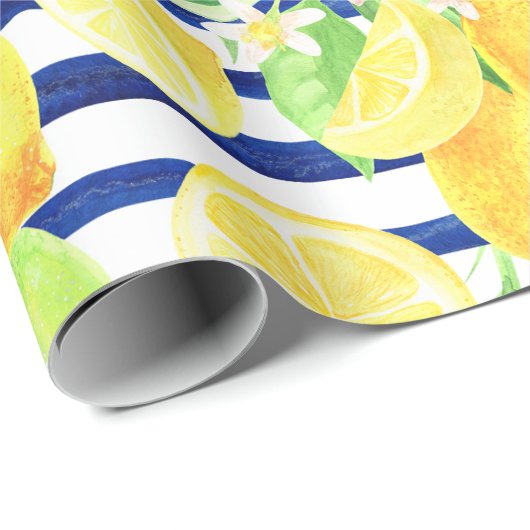  Waterverf Lemons op blauwe strepen Cadeaupapier (Rol Hoek)