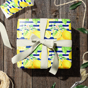 Waterverf Lemons op blauwe strepen Cadeaupapier