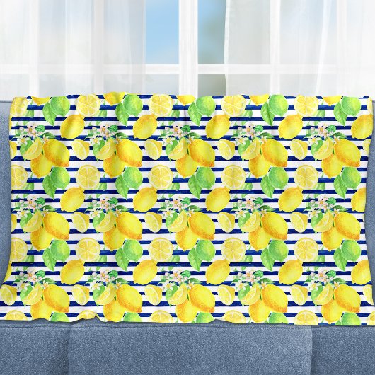 Waterverf Lemons op blauwe strepen Fleece Deken