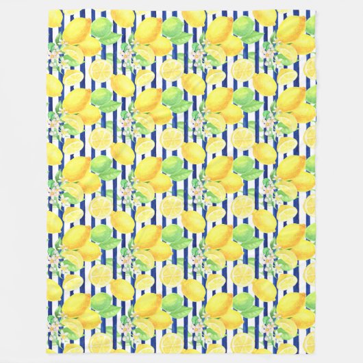 Waterverf Lemons op blauwe strepen Fleece Deken (Voorkant)
