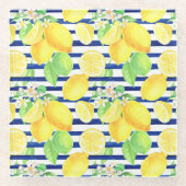  Waterverf Lemons op blauwe strepen Glazen Onderzetter (Voorkant)