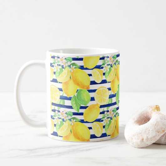  Waterverf Lemons op blauwe strepen Koffiemok (Met donut)