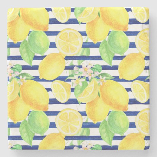 Waterverf Lemons op blauwe strepen Stenen Onderzetter (Voorkant)