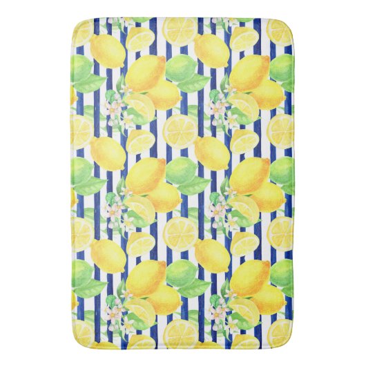  Waterverf Lemons op blauwe Stripes Bathroom Badmat (Voorkant Verticaal)